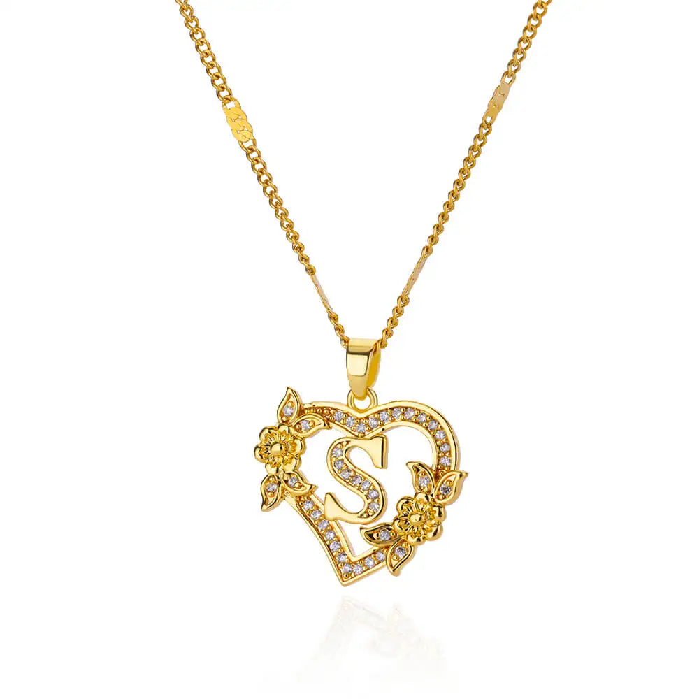 Flower Zircon Initial Heart Pendant Necklaces For Women 2024 Trend Stainless Steel Letter Necklaces Jewelry Best Friend Gifts