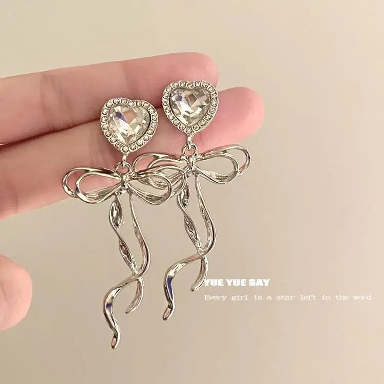 Kiss Jewelry Sweet Heart Rhinestone Butterfly Shape Dangle Earrings for Women Silver Color Korean Fashion Y2K Piercing Earring