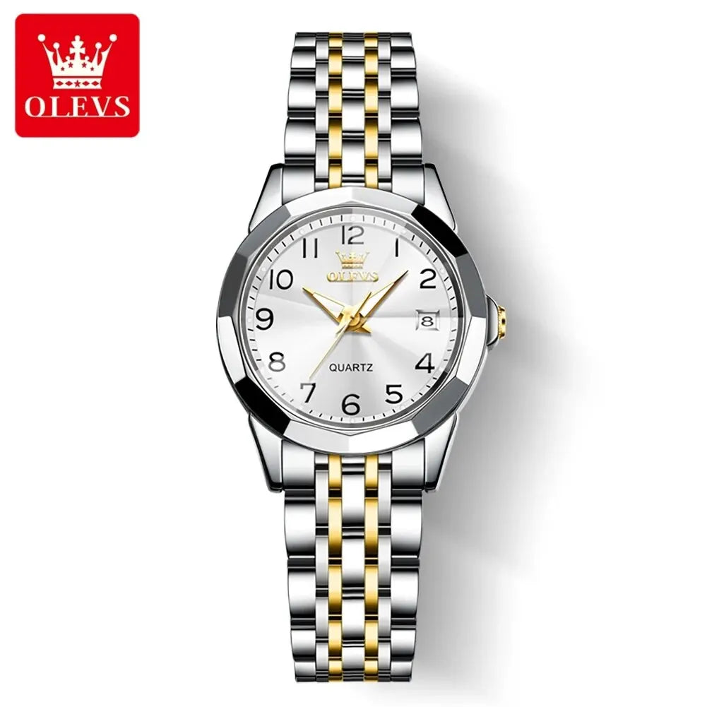 OLEVS 9970 Original Luxury Quartz Watch for Women Rhombus Mirror Digital Dial Calendar Stainless Steel Waterproof Wrist Watches