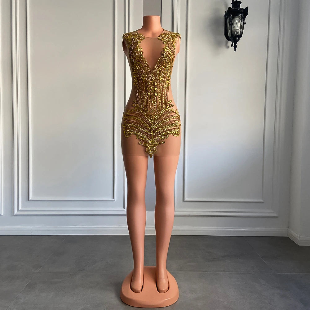 Evening wear Dresses: Women Cocktail Birthday Party Gowns Luxury Gold Diamond