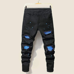 Men's Jeans Cool Ripped Skinny Trousers Stretch Slim Denim Pants Patchwork