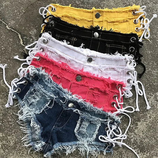 MEXZT Women Denim Ripped Shorts Sexy Low Waist Jeans Female Summer Denim Knotted Band Mini Shorts Dj Club Party Hotpants