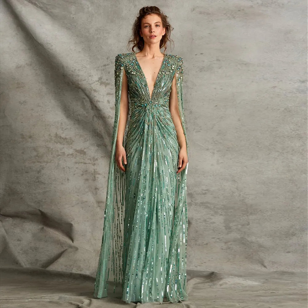 Sharon Said Luxury Dubai Sage Green Evening Dresses with Cape Fuchsia Crystal Gold Elegant Women Wedding Formal Party Gown SS399