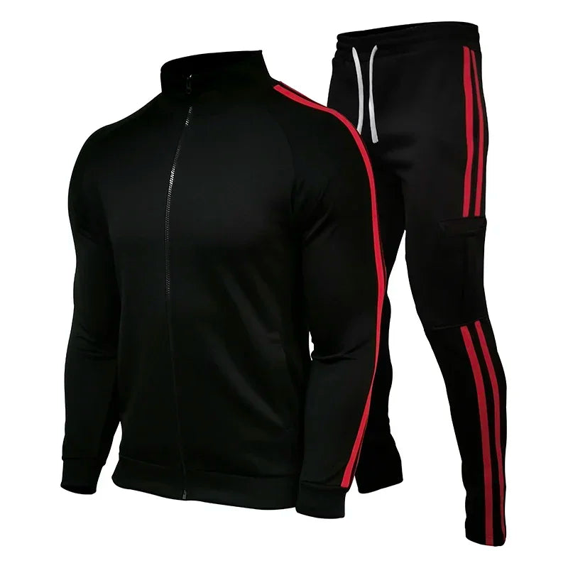 Spring and Autumn Men's Cardigan Striped Stand up Collar Sports Set Outdoor Jogging Cycling Mountaineering Two Piece Set