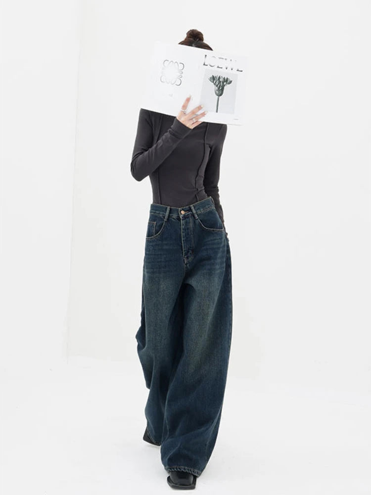 Y2K High Waist Retro Blue Dark Straight Jeans Female Original Korean