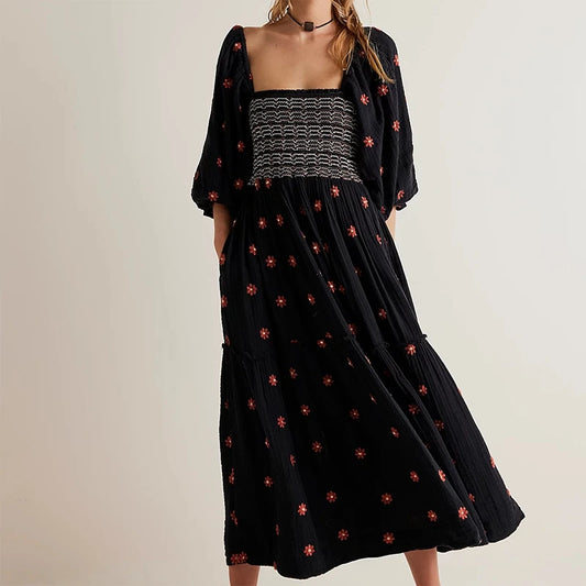 Beach Style Holiday Ruffle Swing A Line Maxi Dress Bohemian Floral Dress Women Lady