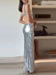 Evening wear Dresses: Backless Silvery Maxi Dress For Women Fashion High Waist