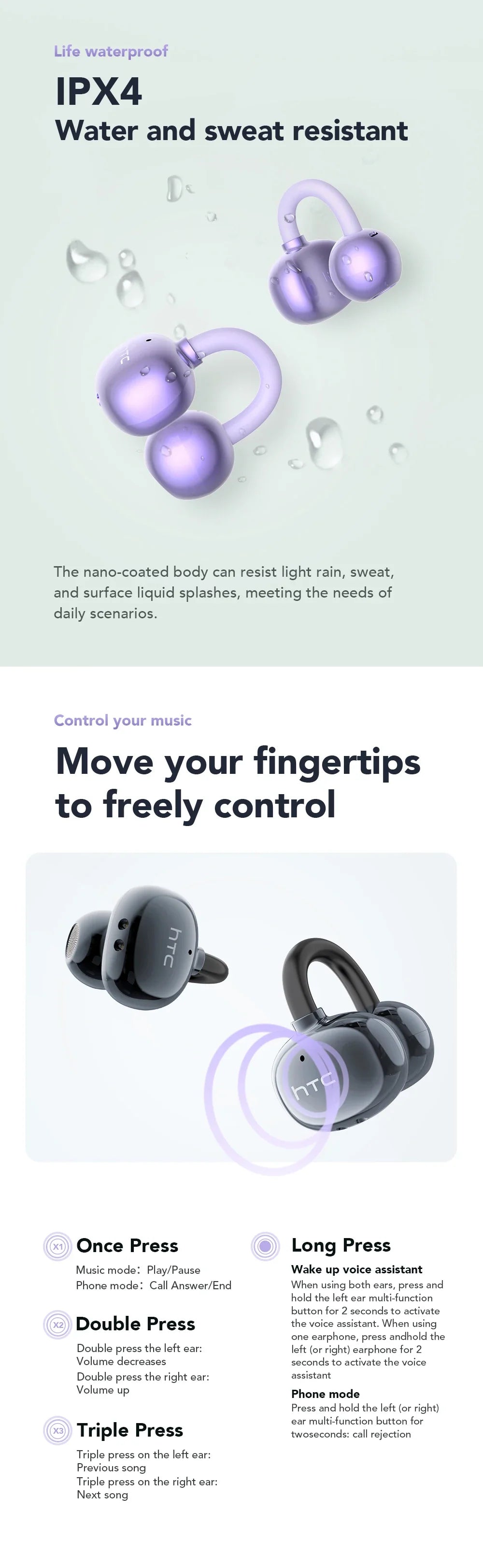 【HTC NE54】 Bluetooth V6.0 Earphones AI Translator LCD Screen Earbuds OWS Ear Clip Headphones Wireless Headphones Noise Reduction