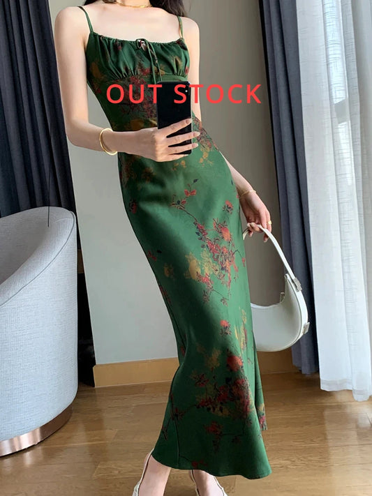 Formal attire Dresses: Women Vintage Green Floral Printed Evening Party Dresses