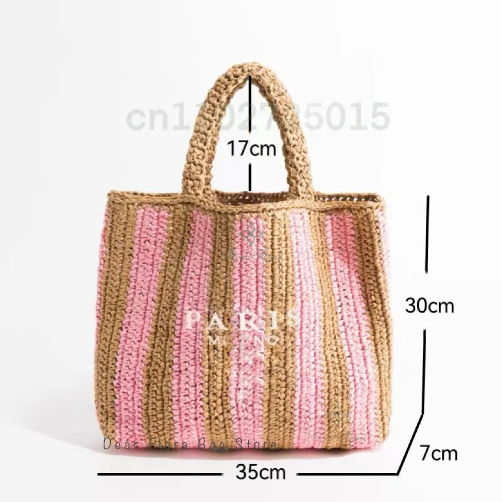 Women Fashion Striped Summer Beach Straw Knitting Shoulder Bag Hollow Out