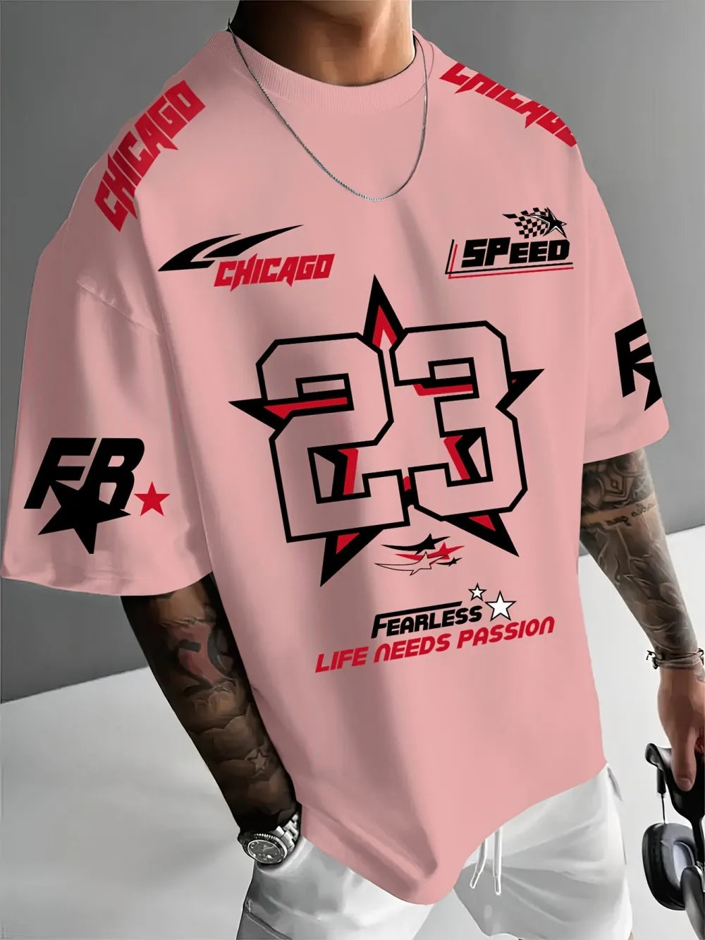 New Summer Men's Chicago Black Red and White Printed 23 Pattern Round Neck Breathable Casual T-shirt Loose Outdoor Top