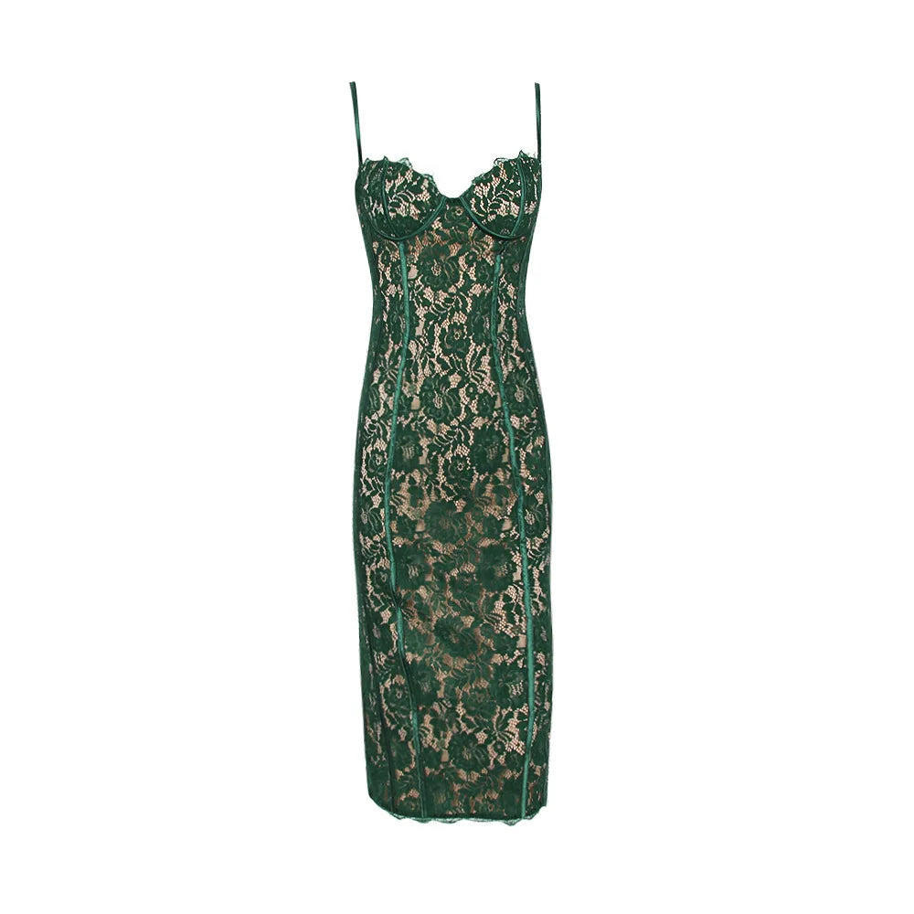 Evening wear Dresses: Occasion Dress Green Spaghetti Strap V Neck Lace Dress