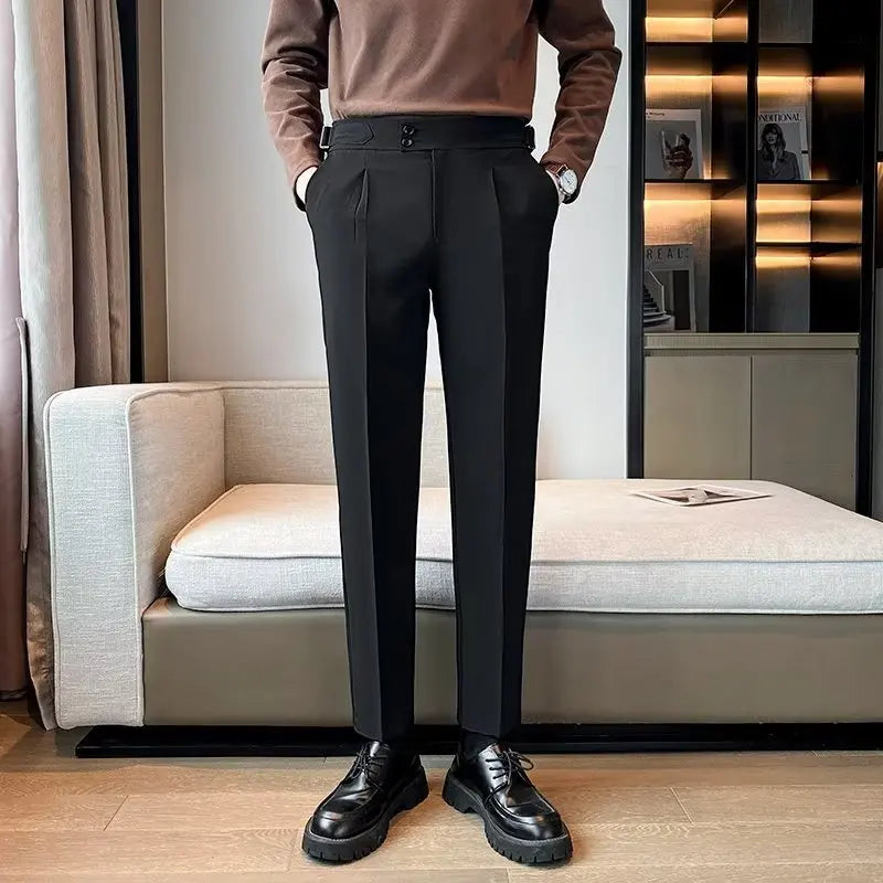 British Style Solid High Waist Draped Trousers Korea Men Formal Blazer Pants Slim
