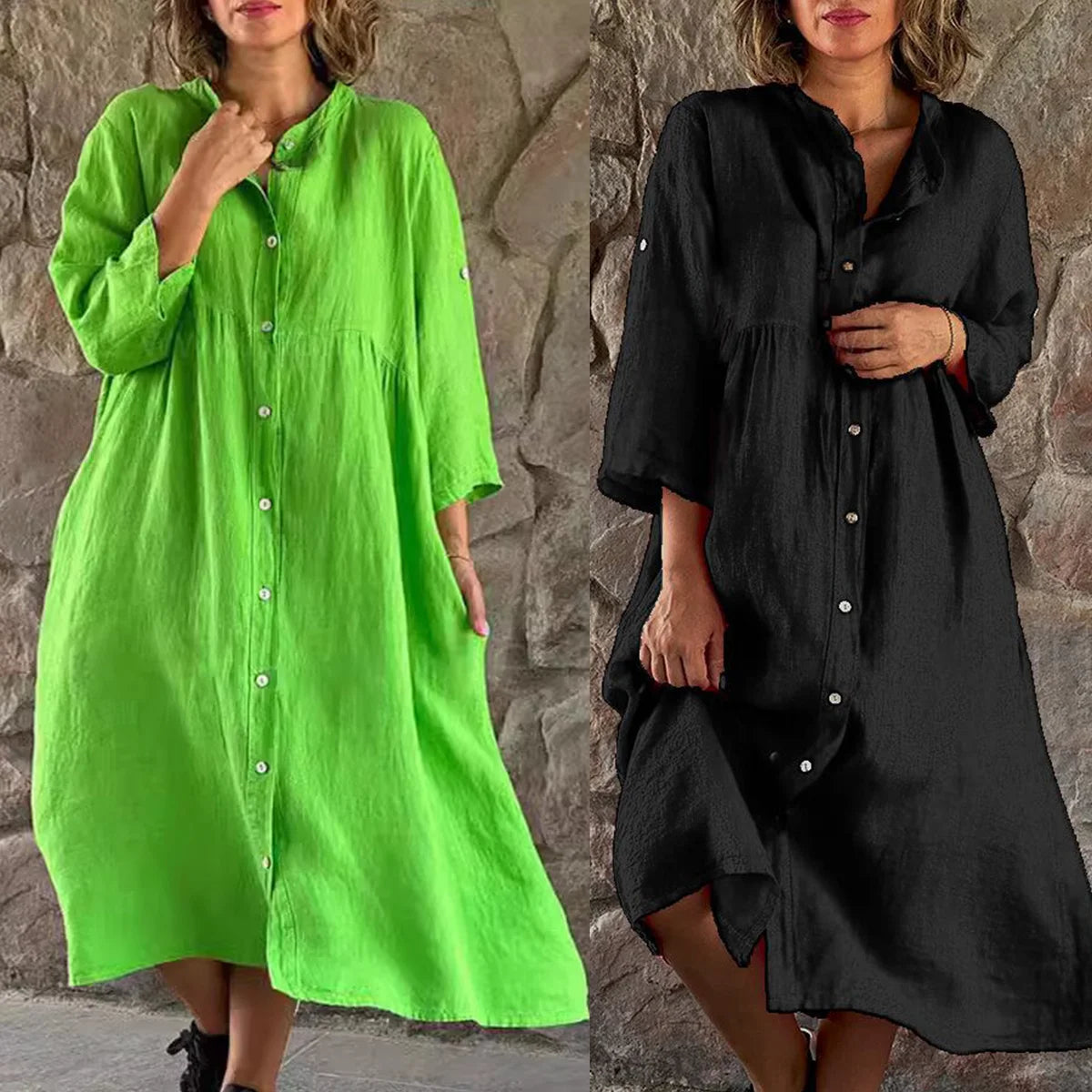 Women Causal Cotton Linen Dress Fashion Loose Button Up Long Sleeve Shirt Dresses
