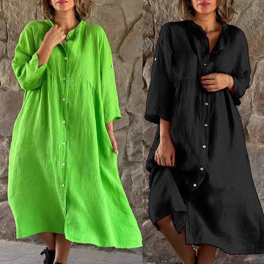Women Causal Cotton Linen Dress Fashion Loose Button Up Long Sleeve Shirt Dresses