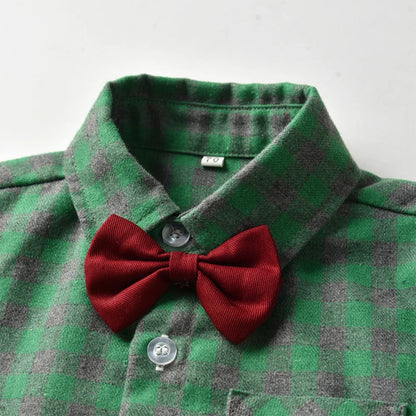 Children's Plaid Shirt and strap pants set for Boys with Bow Tie baby boy clothes 0 to 3Y Autumn Boys Clothes 70-130cm