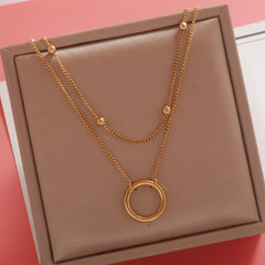 Stainless Steel Double Layer Bead Annulation Pendant Necklace For Women Stacked