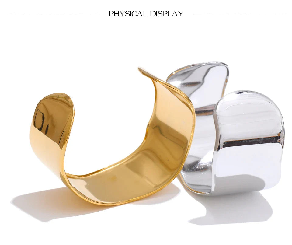 Yhpup 63mm Minimalist Glossy Stainless Steel Polished Wide Cuff Bracelet Bangle PVD Plated Statement Open Wrist Jewellery New