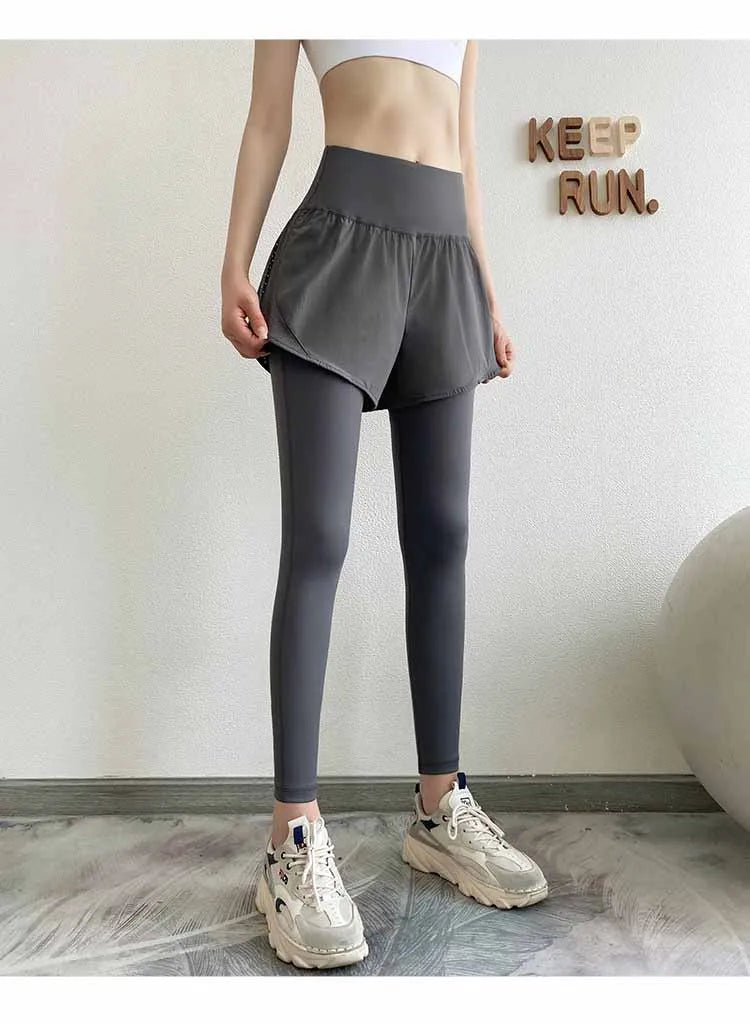 Women Gym Yoga Pants Fake 2 Pieces Sports Pants With Shorts Quick Dry Outdoor