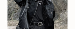 Men's Jacket PU Leather Coat Shoulder Pad Metal Turn-down Collar Long Sleeve