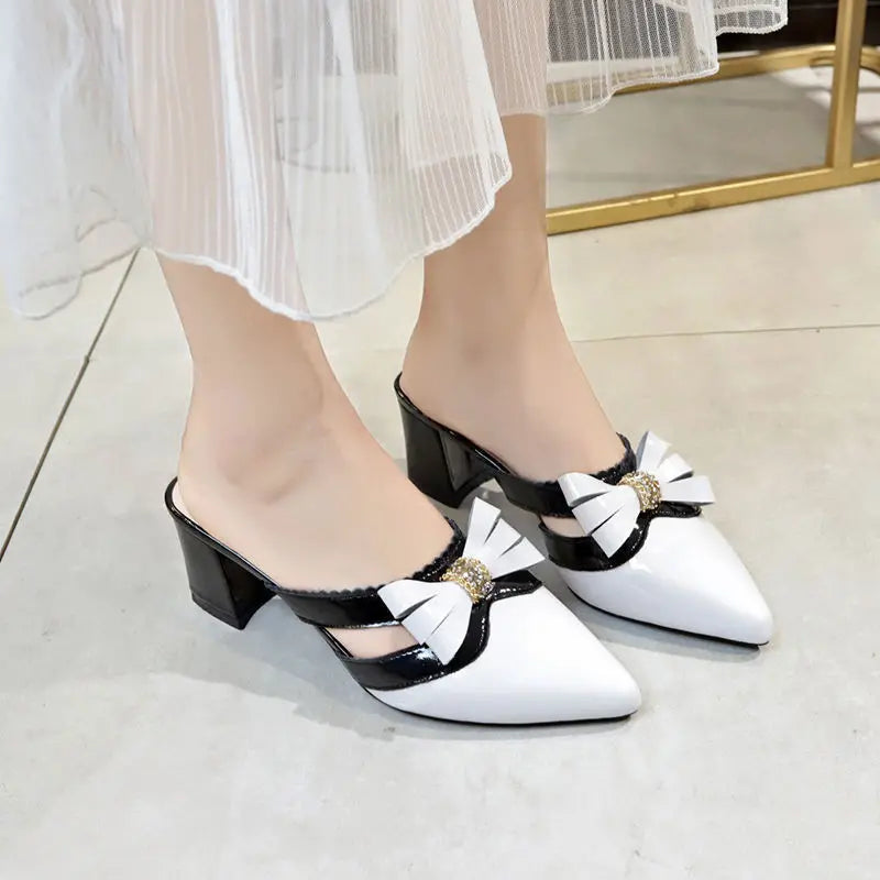 Women's Slippers and Ladies Sandals Jewels Summer 2024 Crystals Slides Pointed Toe Shoes Black Heeled Mules Rhenstone with Bow Y