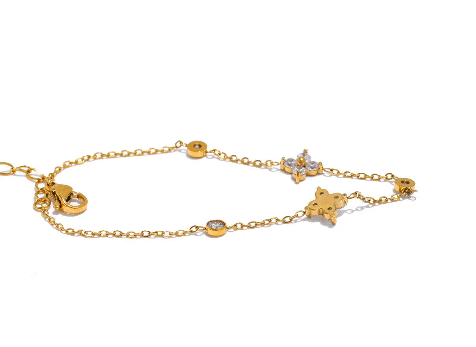 Yhpup Delicate Cubic Zirconia Flower Chain Thin Bracelet Bangle Stainless Steel Rust Proof Office Ladies Chic Jewelry New Gift