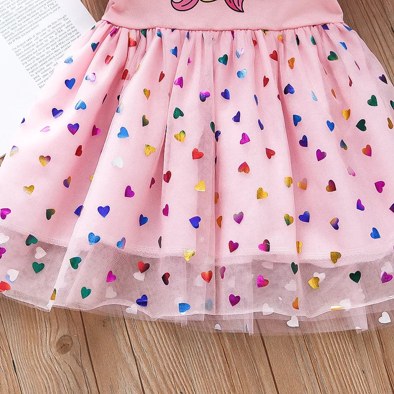 Girls Dress Cotton Cartoon Unicorn Splicing Mesh Party Princess Dresses