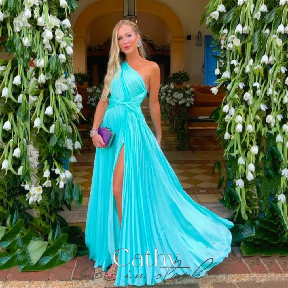 Homecoming Dresses: Light Blue One Shoulder Pleats Chiffon A-line