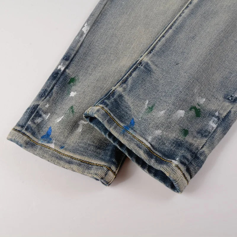 Men Painted Stretch Denim Biker Jeans Streetwear Cracked Patch Patchwork