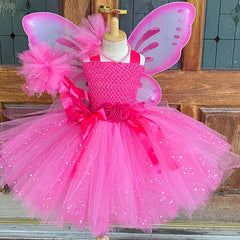 Girls Pink Glitter Tulle Dress Kids Butterfly Fairy Tutu Dresses with Wing