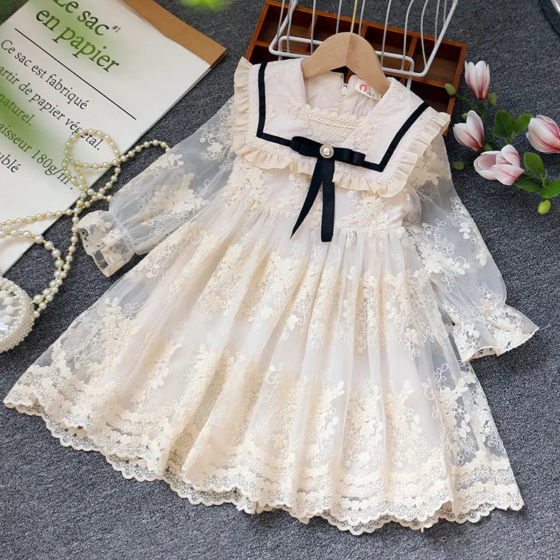 Baby Girls Long-sleeved Lace Dresses Children's Kids Girls Bowknot