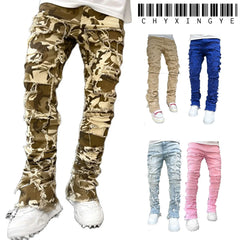 European Camo Pants Men High Street Slim Fit Stretch Patched Denim Ripped