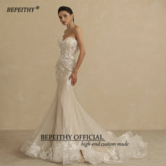 Champagne Mermaid Wedding Dress For Women Ivory Lace Sleeveless Trumpet