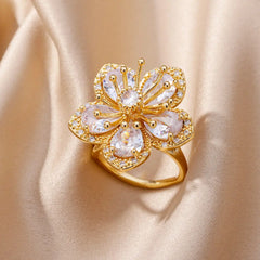 Pink Zircon Flower Rings for Women Gold Color Stainless Steel Ring 2024 Trend Elegant