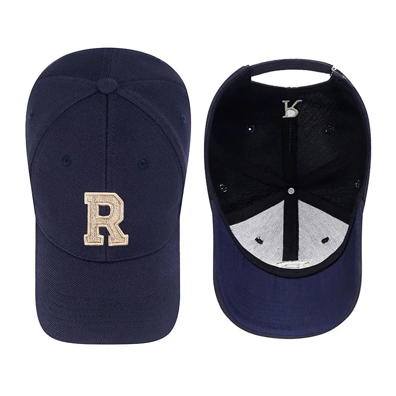 Brand New High Quality R Letter Gold Thread 3D Embroidery Adjustable Elastic Pineapple Cloth Baseball Cap Trucker Hats