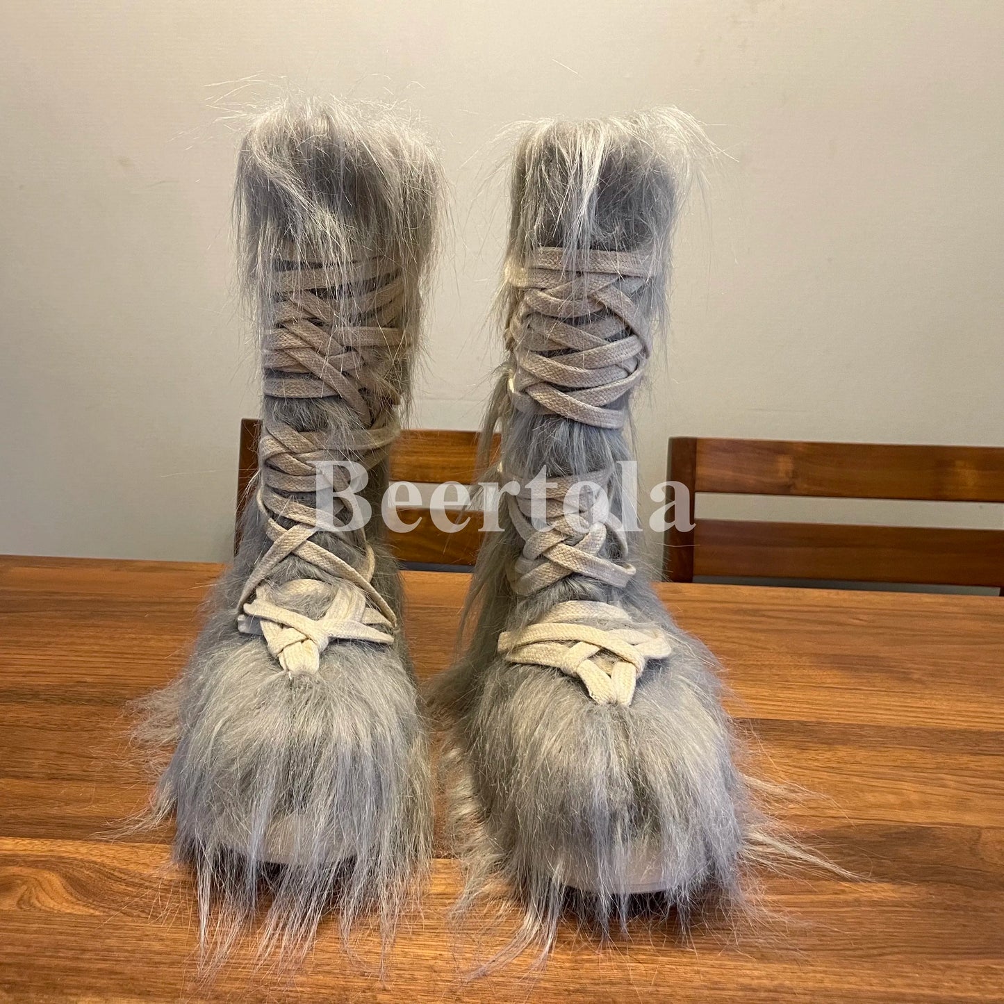 Woman Man Thick Sole Fur Mid-Calf Snow Boots Winter Warm Cross Strap Lace Up
