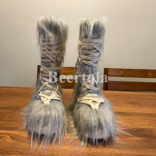 Woman Man Thick Sole Fur Mid-Calf Snow Boots Winter Warm Cross Strap Lace Up