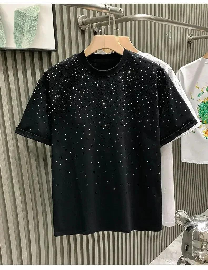 Summer Rhinestone Rivet T-shirt for Men Clothing Round Neck Casual T-shirt Fashion High Street 2025 Men's Summer Short Sleeves
