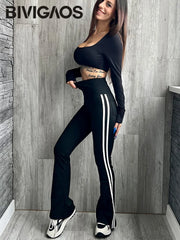 Striped Black Micro Flared Shark Pants Women High Waist Slim Sport Pocket