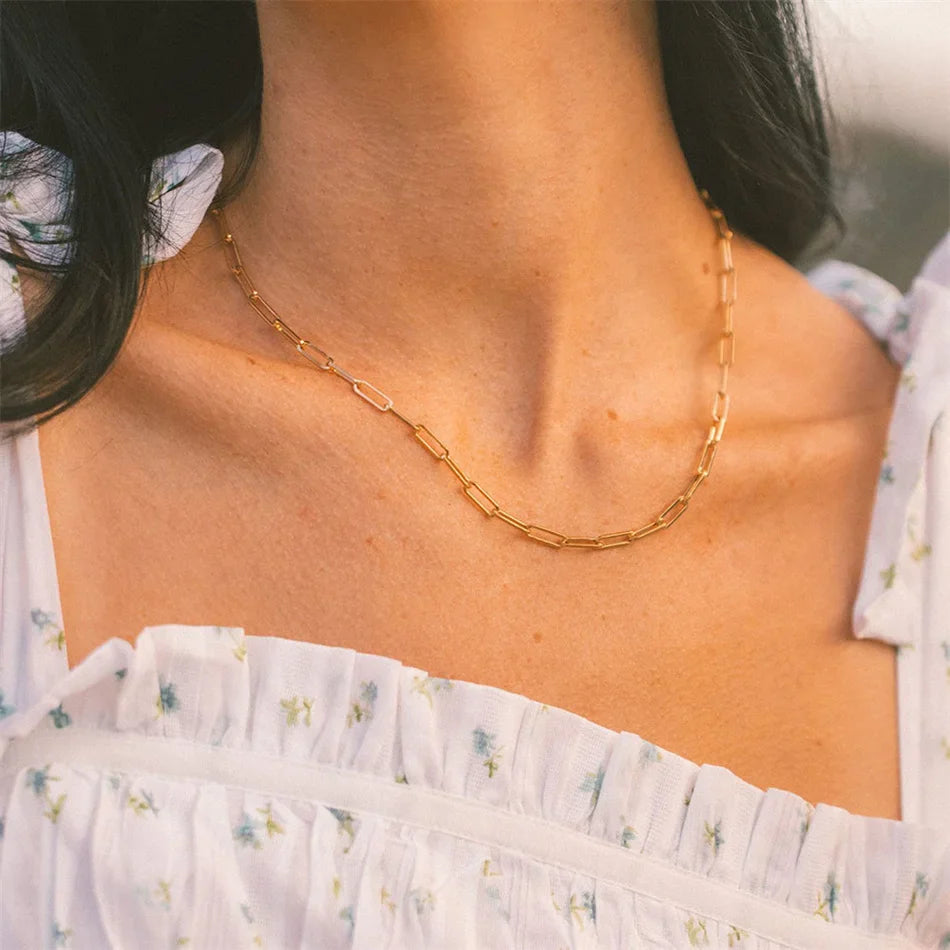 eManco  Hot Fashion Paperclip Link Chain Women Necklace Stainless Steel Gold Color Chain Necklace For Women Men Jewelry Gift