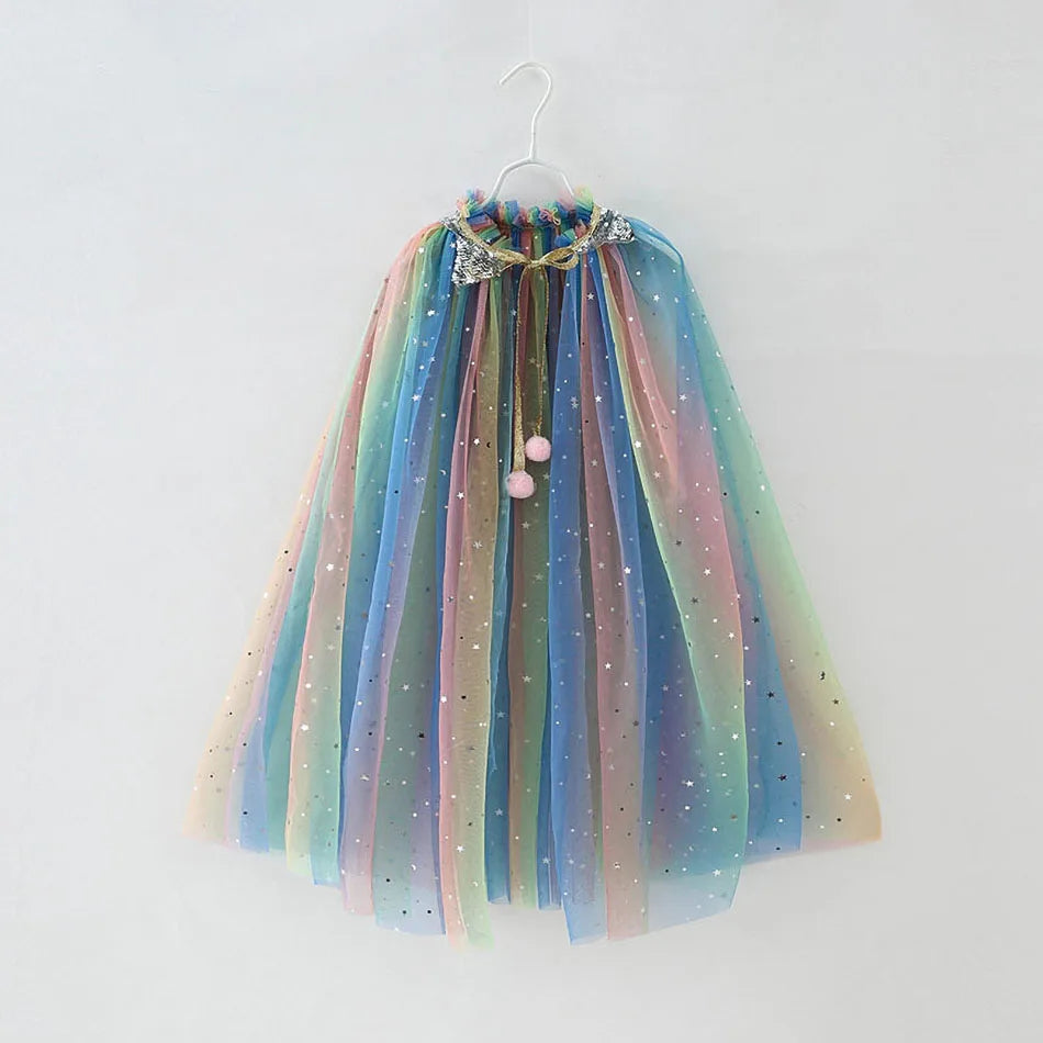 Little Girls Sequins Tulle Cape Children Princess Party Dress Up Cloaks Summer Thin Blue Pink White Halloween Birthday Costumes