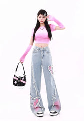 Blue Womens Jeans Butterfly High Waist Straight Baggy Denim Pants American