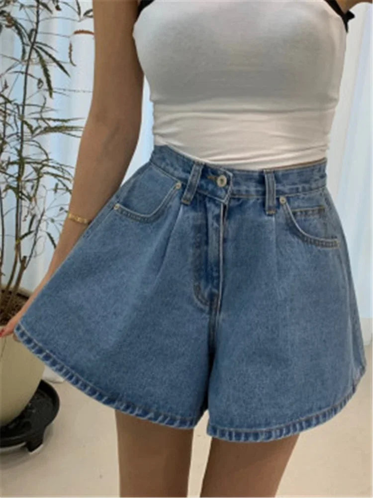REALEFT 2024 New High Waist Washed Women's Denim Wide Leg Shorts Summer Buttons Casual Female Blue Jeans Trouses Pockets