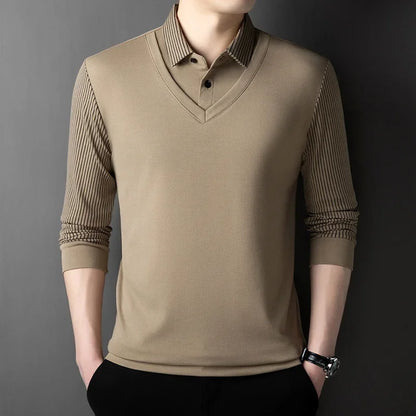 2025 New Men's Casual and Fashionable Long Sleeved Solid Color Fake Two-piece Polo Shirt Business All Season Versatile Top