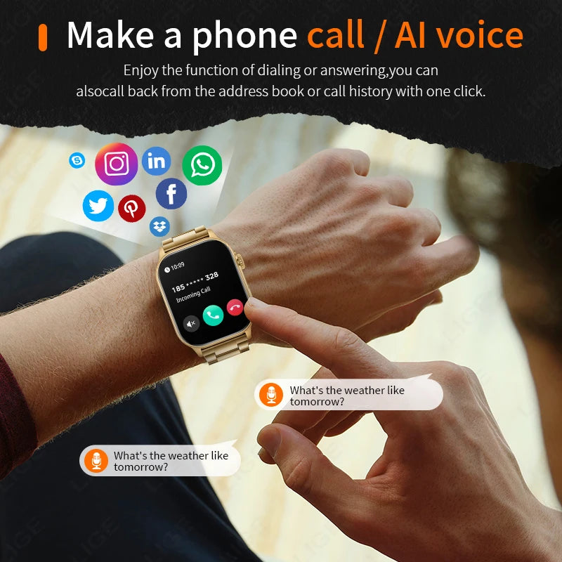 LIGE New Smart Watch LED Flashlight Military Sport Watches 2.01'' Screen Health Monitor Bluetooth Call Waterproof Smartwatch Men