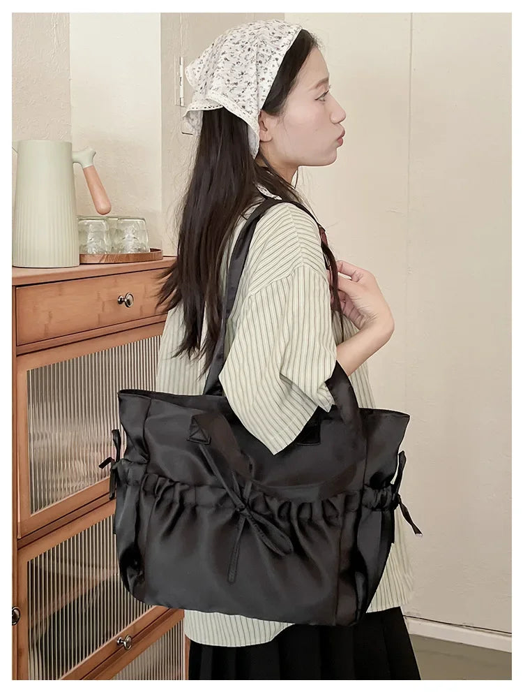 Elegant Bow Womens Shoulder Bag Nylon Pleated Korean Style Fashion Tote Bag