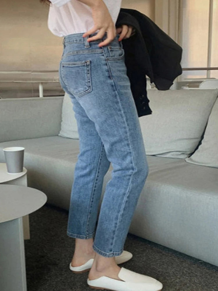 High Waist Pockets Boyfriend Jeans Women Stretch Blue Ladies Denim Cargo pants