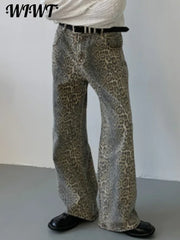 Y2K Women Leopard Print Jeans Trousers Fashion Casual Loose Wide Leg Pants