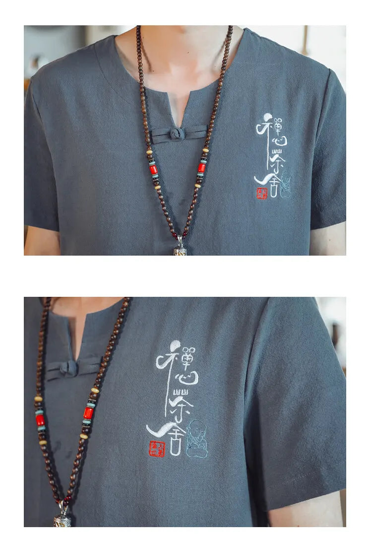 (Shirt + trousers) 2025 summer Chinese Style men shirt Cotton and linen shirts men's High quality casual shirts Two Piece M-5XL