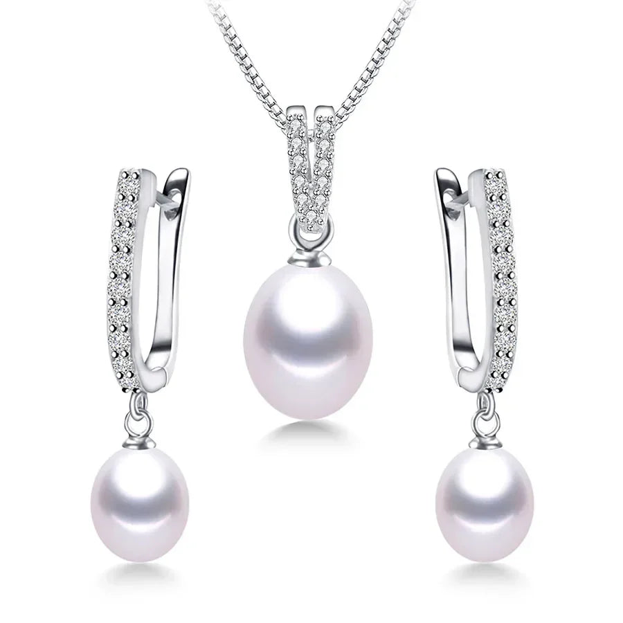 YWYC Horseshoe 8-9mm Rice Freshwater Pearl Earrings&Necklaces Jewelry Set for Women 925 Sterling Silver 45cm Pendant Necklace